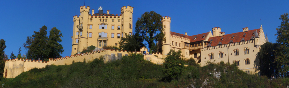 Hohenschwangau Castle as viewed from downtown Schwangau.